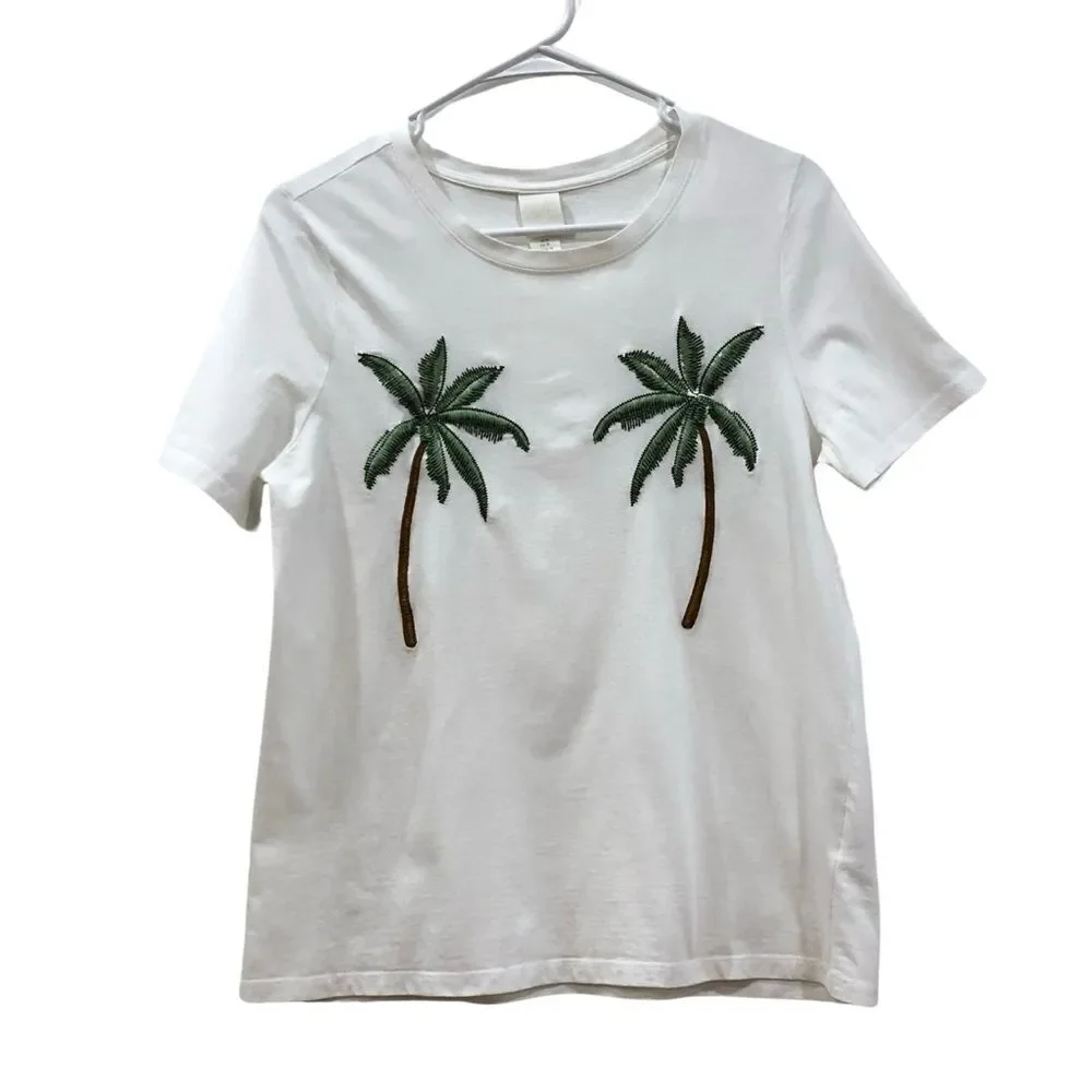 White Tee, Palm Trees, H&M, Size M